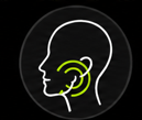 White outline of a head with a green highlighted ear on a black background
