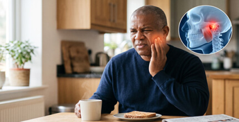 Person sitting at a kitchen table, holding their cheek in pain, with a headache illustration beside them.