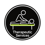 Black circular logo of a massage therapist on a table with “Therapeutic Services” text