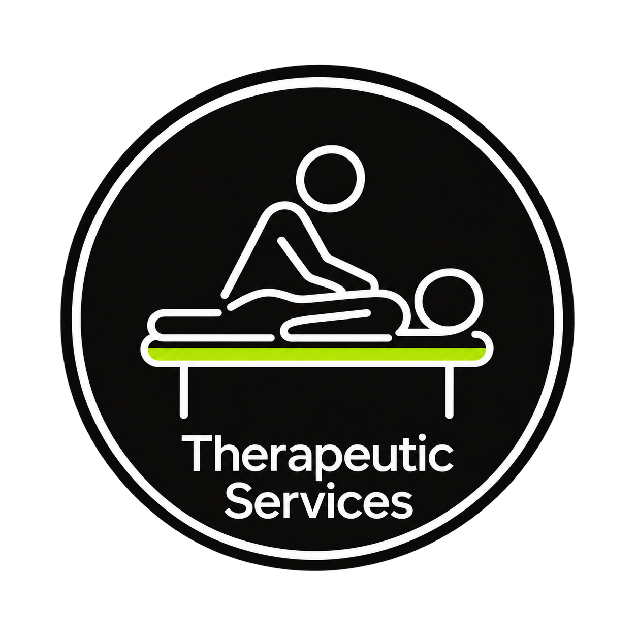 Black circular logo of a massage therapist on a table with “Therapeutic Services” text