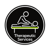 Black circular logo of a massage therapist on a table with “Therapeutic Services” text