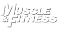Muscle & Fitness logo in italic white text with a black outline on a light background