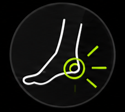 White outline of an ankle on a black circle with a green highlighted pain spot and rays.