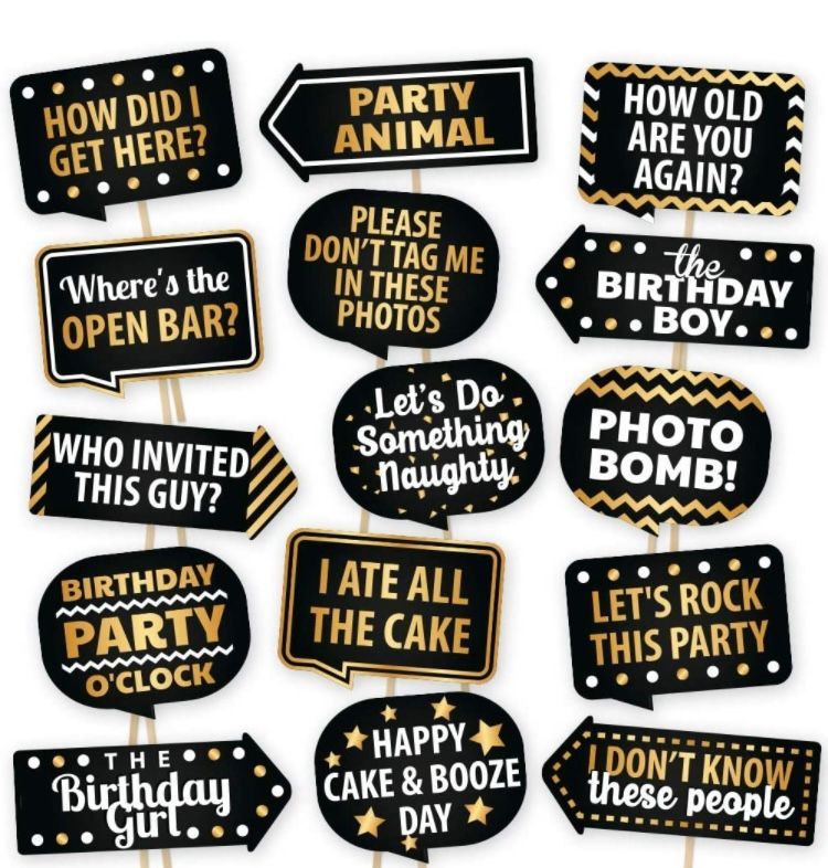 A set of black and gold photo booth props for a birthday party.Birthday Party Photo Booth Rental Las Vegas, NV