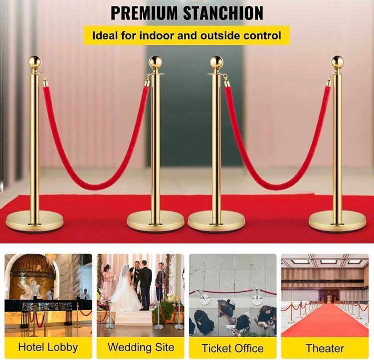 A row of gold poles with red ropes attached to them. Photo Booth Runtal Packages.