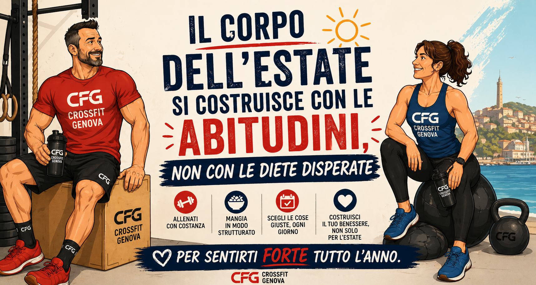 Corpo estivo costruito con abitudini sane allenamento CrossFit uomo e donna