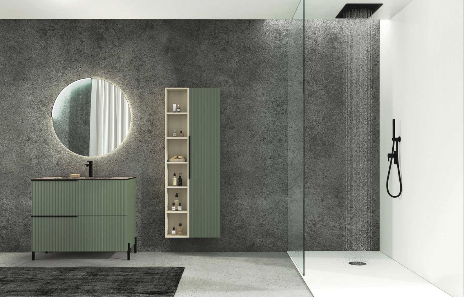 Bagno moderno nei toni del verde e del grigio, dotato di lavandino, specchio, doccia e mobiletto portaoggetti.
