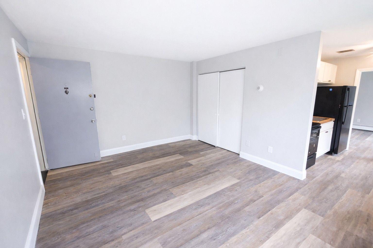 An empty living room with light gray walls, wood-look flooring, a gray door, white closet doors, and a partial kitchen.