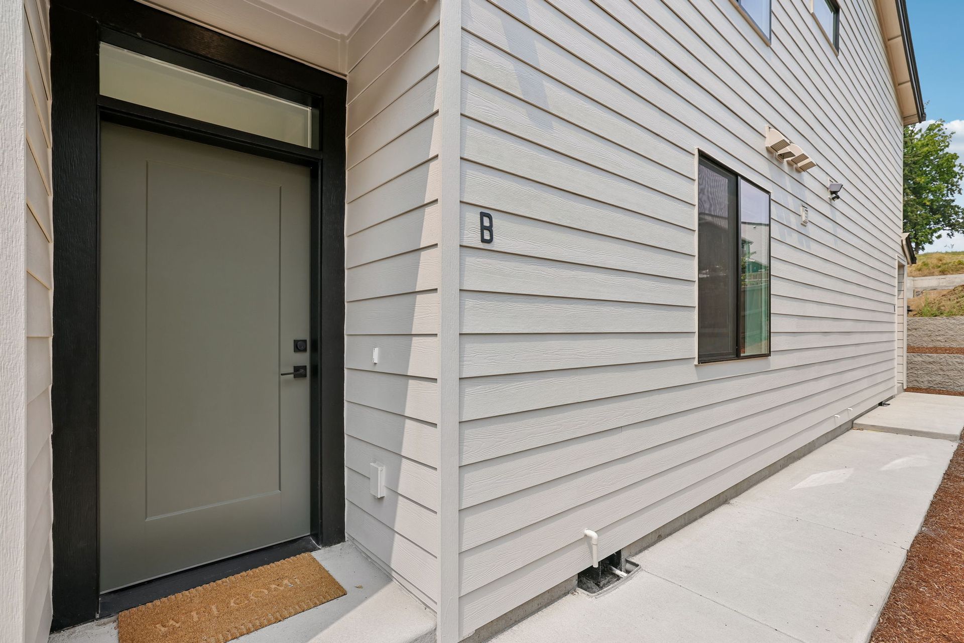 Modern house exterior with gray siding, a black front door, and a narrow side walkway
