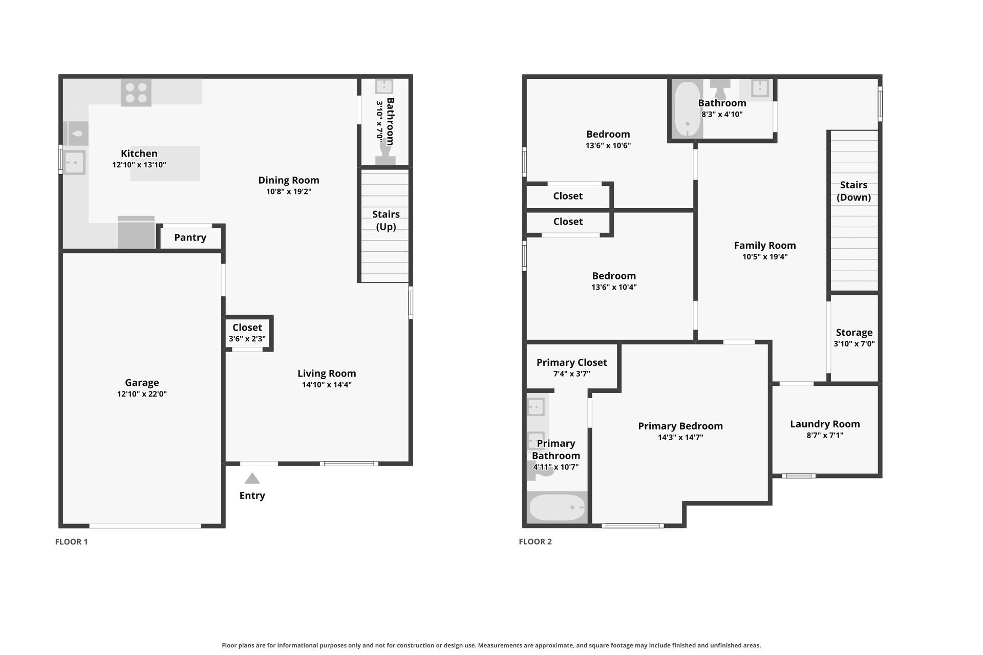 Two black-and-white floor plan diagrams side by side, showing room layouts and measurements.