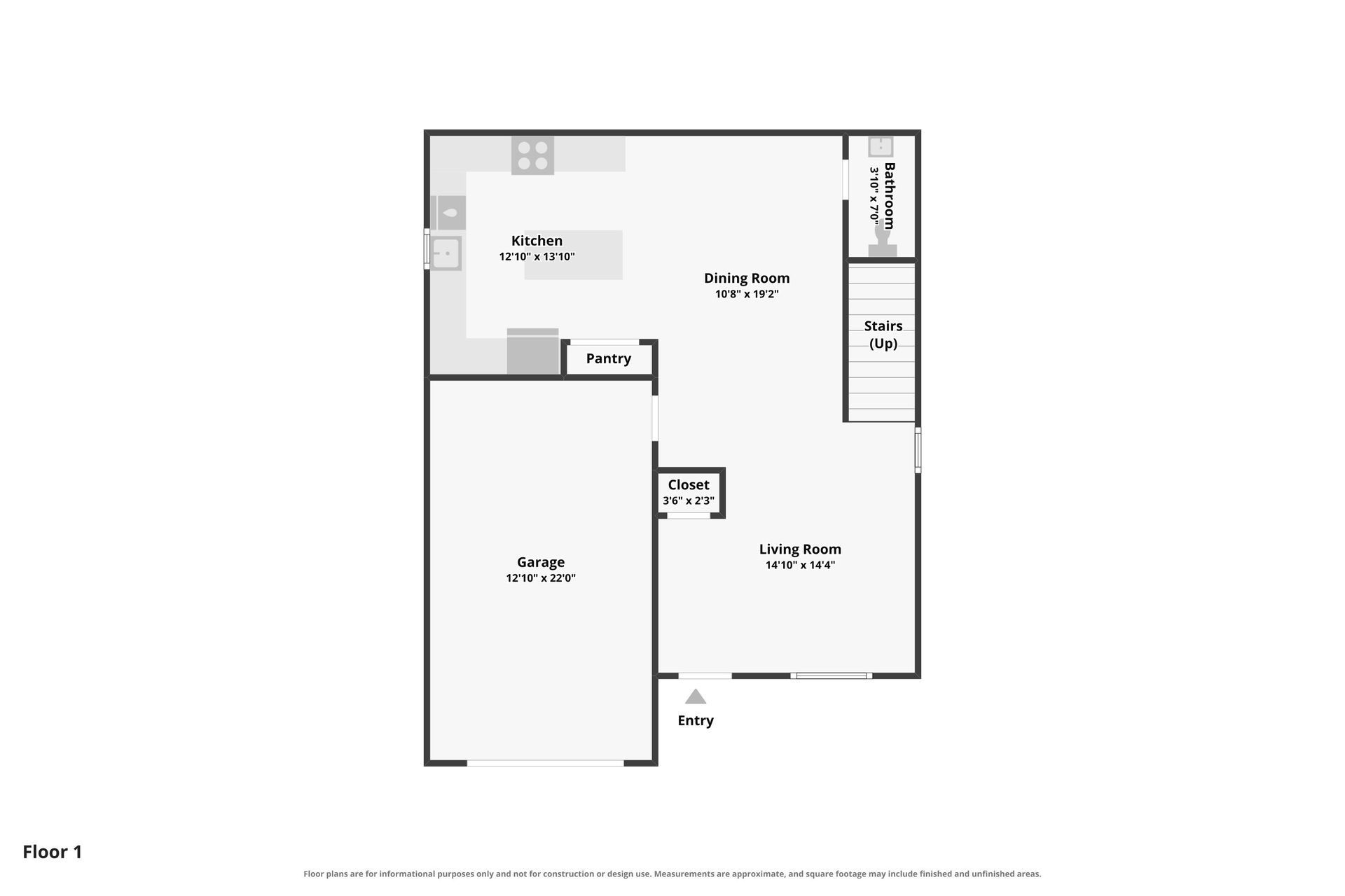 Black-and-white floor plan of a small apartment with labeled rooms and dimensions.