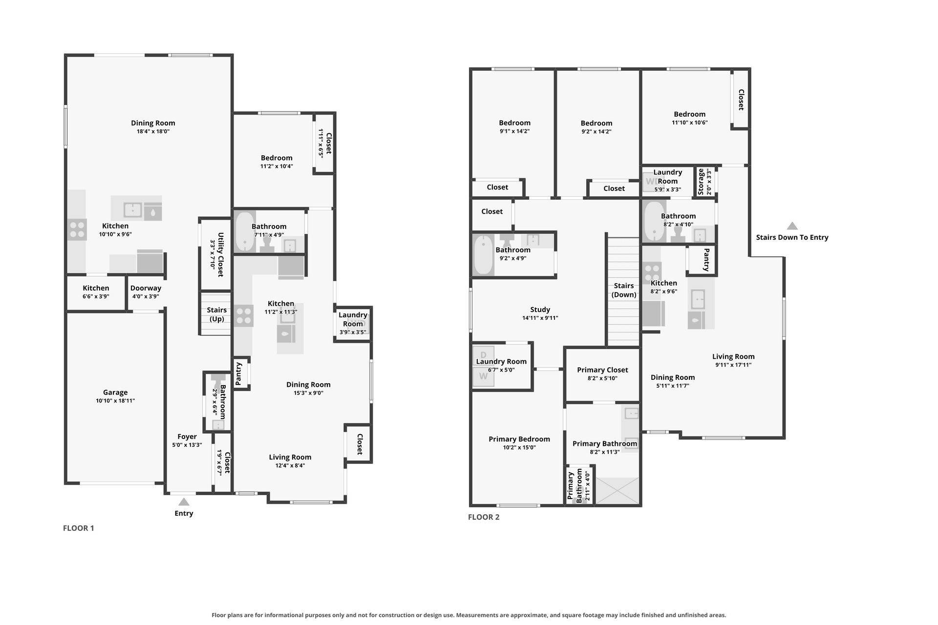 Two black-and-white floor plan diagrams side by side, showing room layouts and dimensions