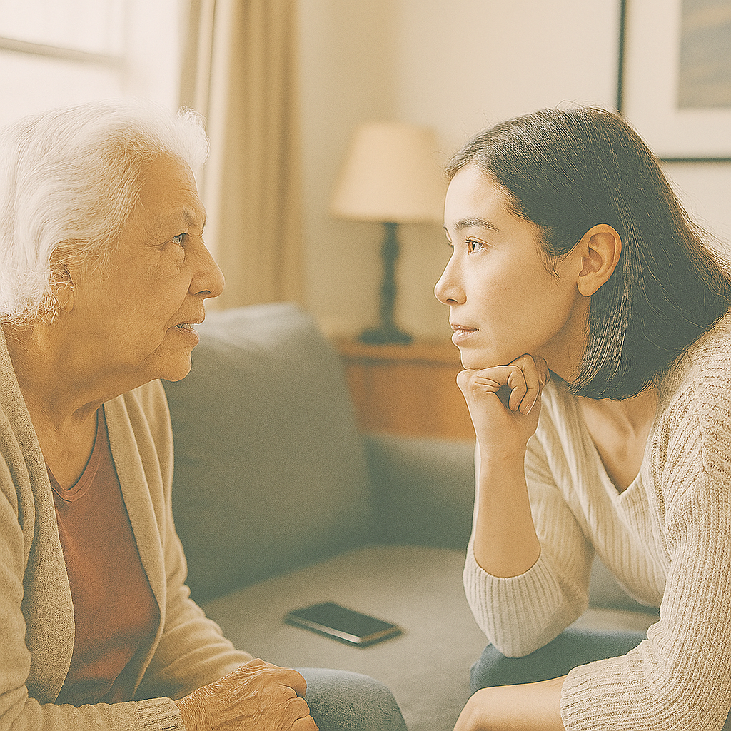 Woman listens intently to elderly person, sitting on couch in a home.