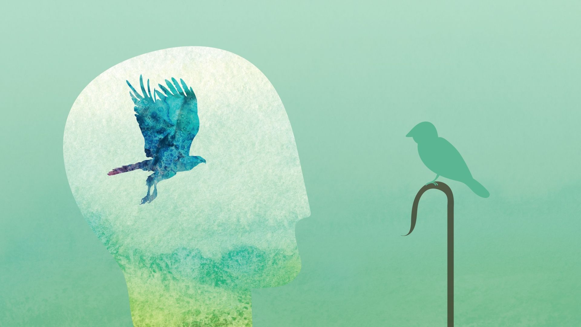 A bird is sitting on a cane in front of a head with a bird flying out of it.