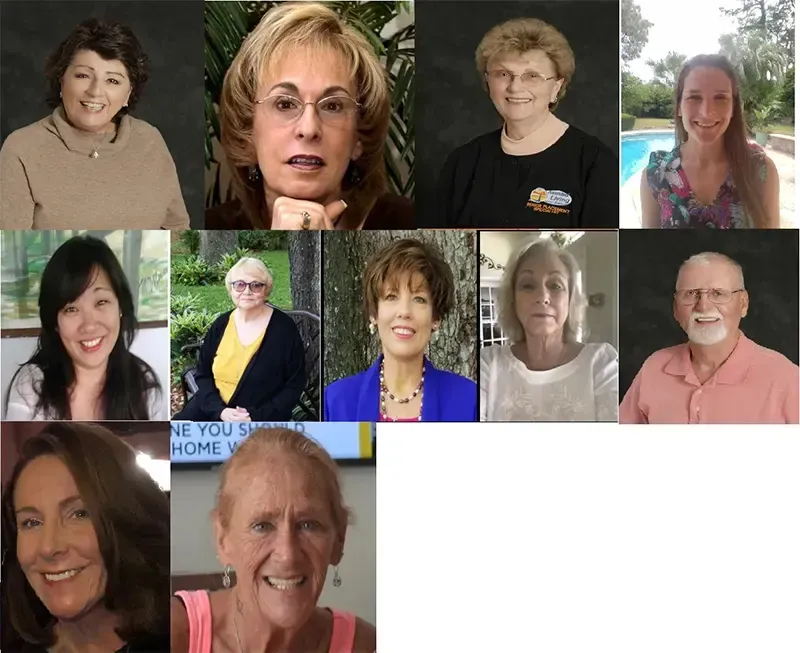 A collage of people 's faces including a man in a pink shirt