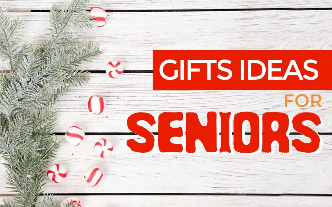 A white wooden background with a christmas tree and candy canes and the words `` gifts ideas for seniors ''.