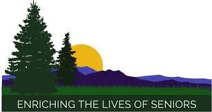 A logo for enriching the lives of seniors with trees and mountains in the background.