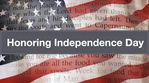 A poster for honoring independence day with an american flag in the background