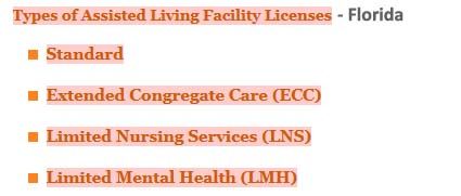 A list of types of assisted living facility licenses in florida