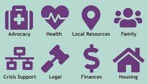 A set of purple icons on a blue background.