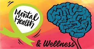 A cartoon drawing of a brain with the words `` mental health and wellness '' written on it.