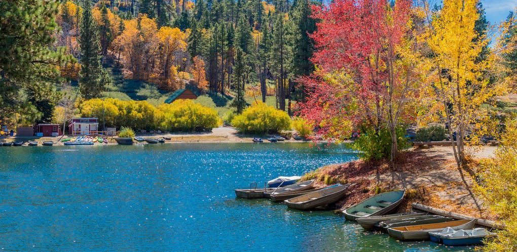 Big Bear Lake surrounded by colorful autumn trees with boats docked near the shore.