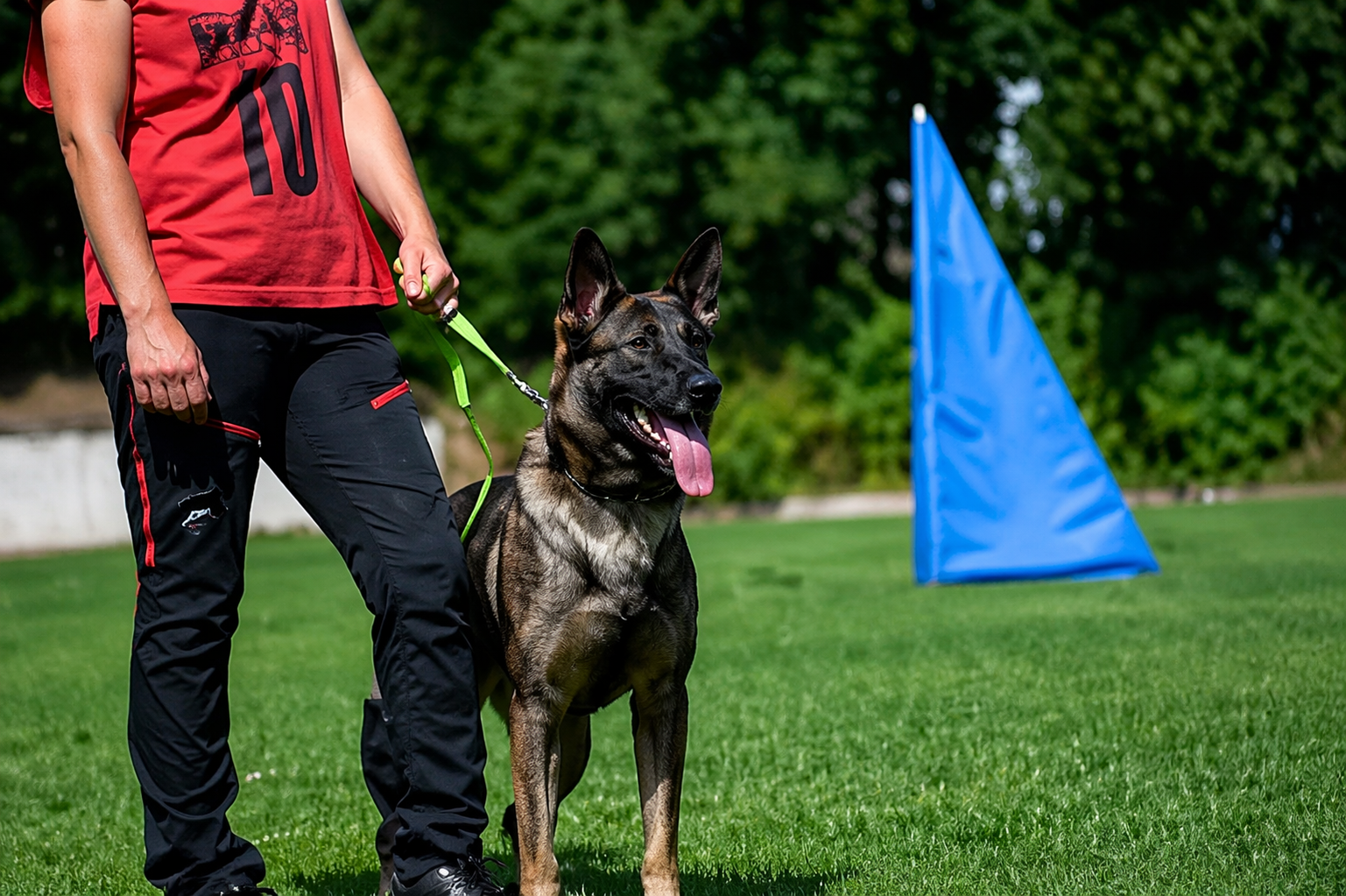 Person walking a brindle dog on a leash at a grassy field with a blue training cone.
