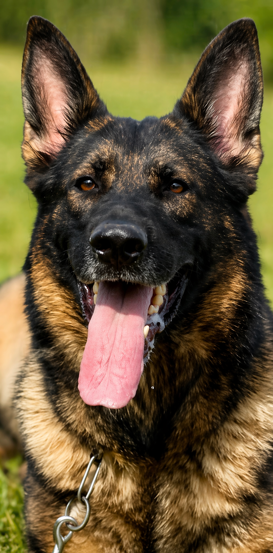 Black German Shepherd dog with erect ears and pink tongue, looking directly at the camera.