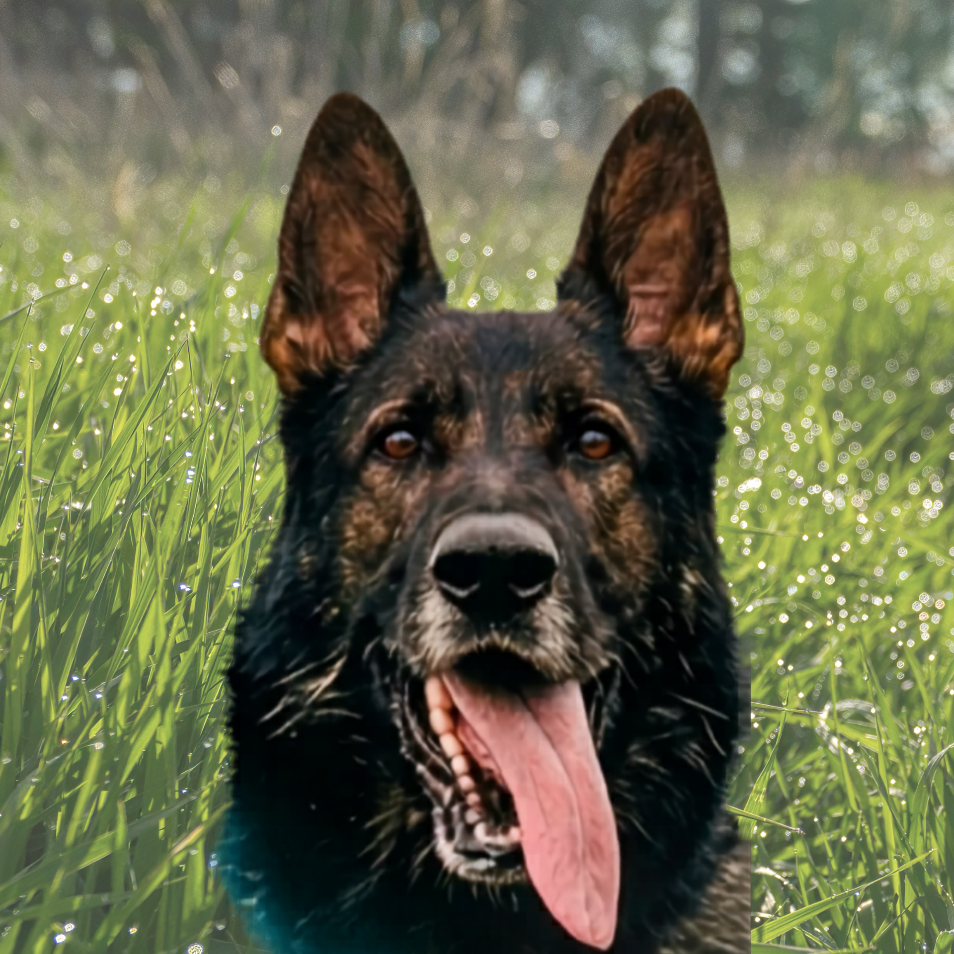 Black German Shepherd dog with tongue out, in a green field with mountains in the background.