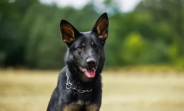 Black dog leaping to bite the padded arm of a person in a field; dog training.