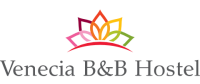 The logo for venecia b & b hostel has a colorful flower on it.