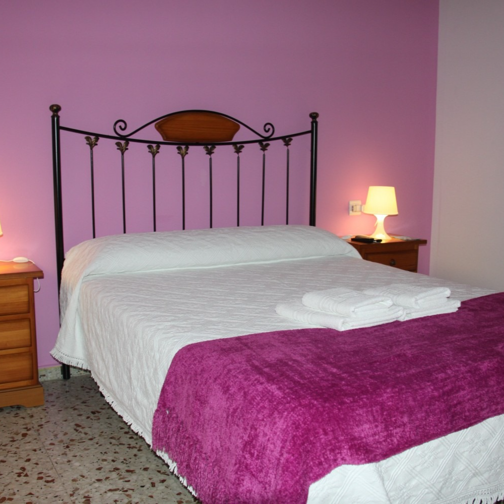 Bedroom with a double bed, purple wall, and two wooden nightstands, one with a lamp.