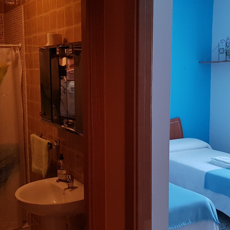 Bathroom and bedroom visible through doorway. Bathroom has sink and shower. Bedroom with two beds, blue wall.
