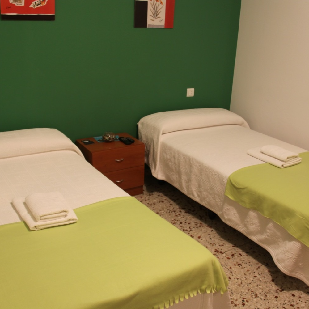 Two twin beds with green blankets in a room with a green wall.