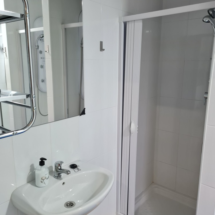 White bathroom with sink, mirror, shower, and dispenser.