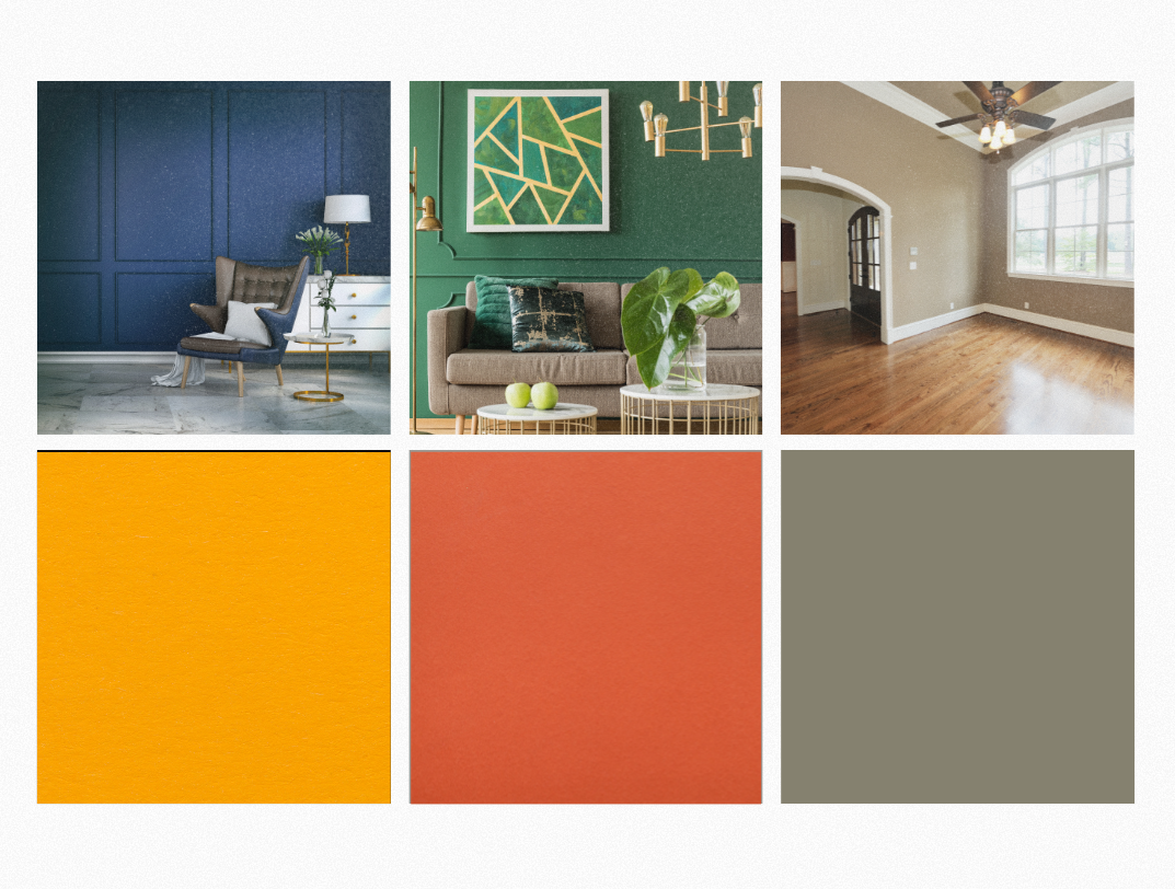 Mood board with images of three rooms and three color swatches: blue, green, and neutral color schemes with orange tones.