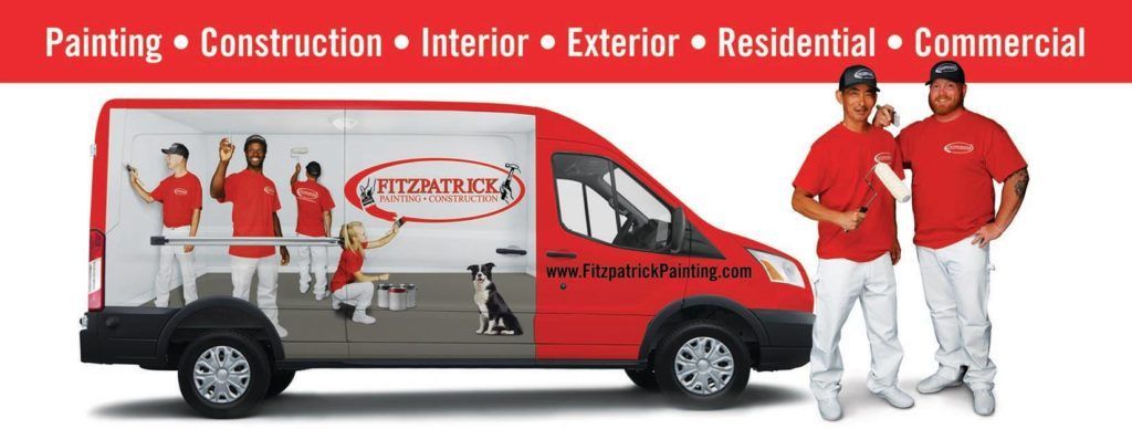 A red van that says ' Fitzpatrick painting construction interior exterior residential commercial ' on it