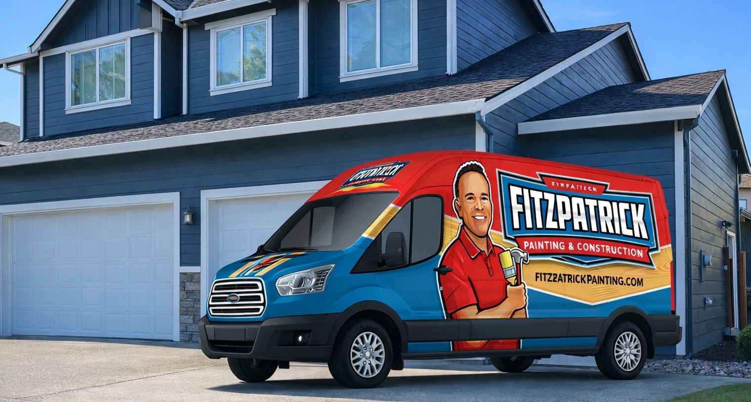 A blue work van parked in front of a blue suburban house, featuring Fitzpatrick Painting & Construction branding.