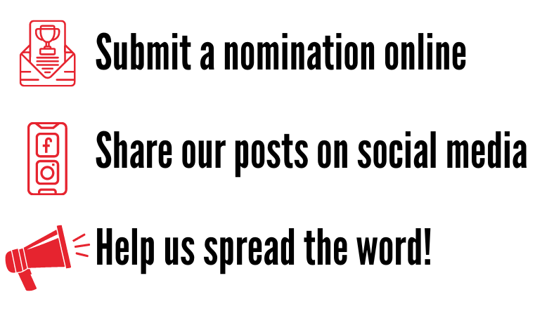 A sign that says submit a nomination online share our posts on social media help us spread the word.