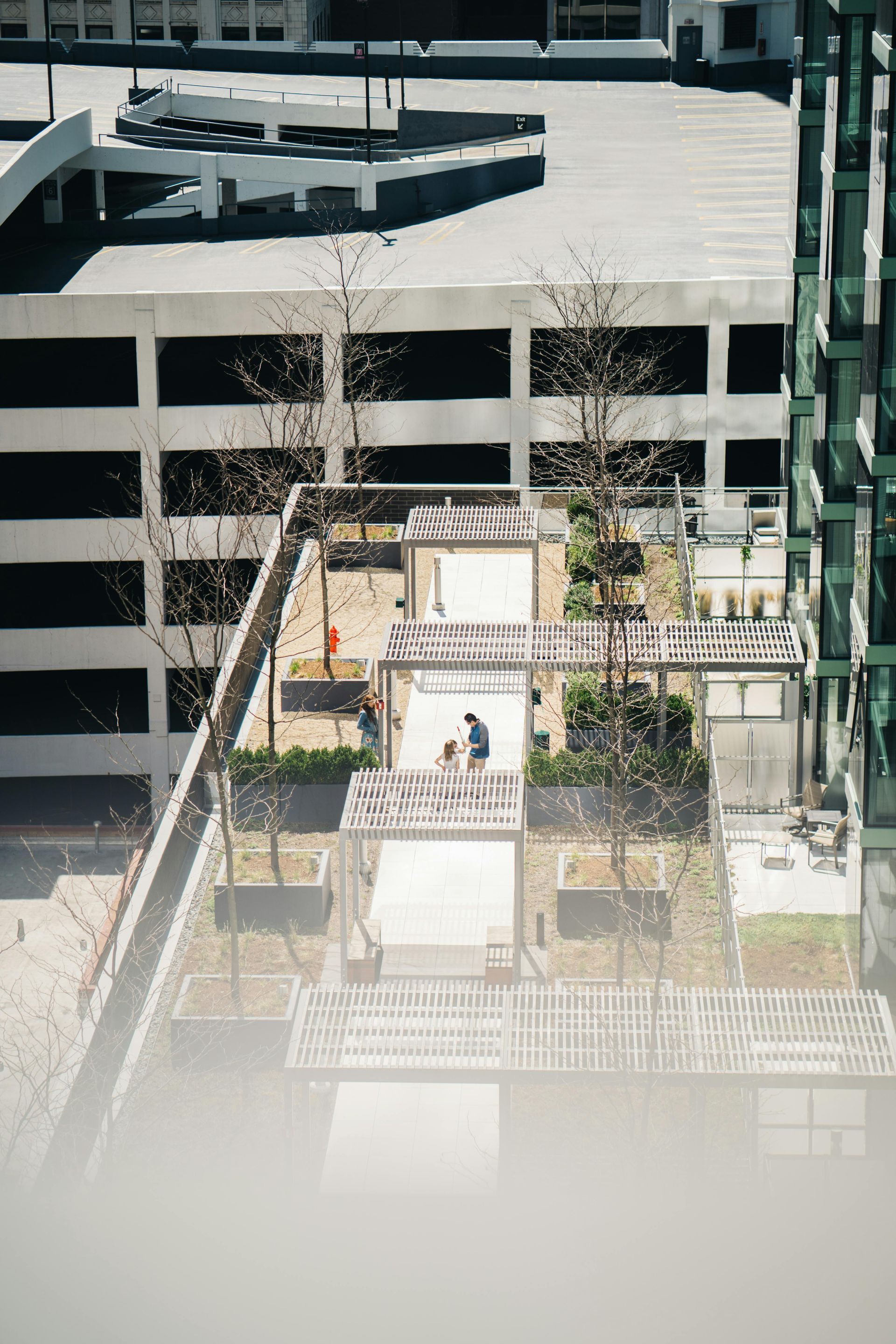 View of a rooftop garden with pergolas, trees, and a person sitting at a table in an urban setting.