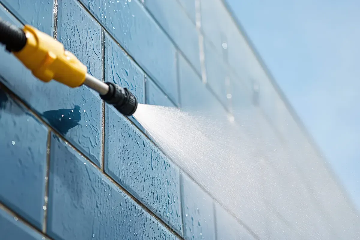 Pressure washer spraying water on a blue brick wall