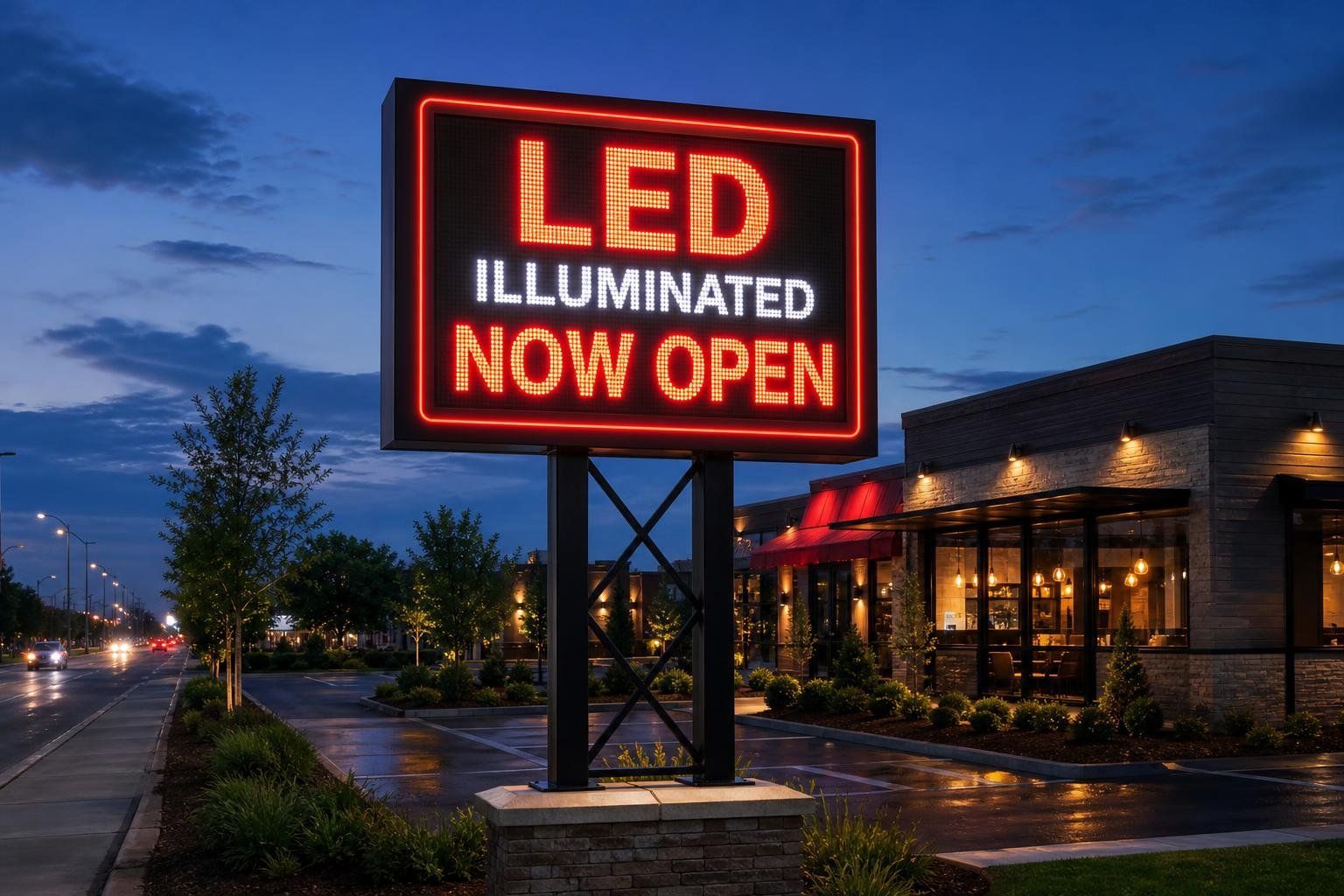 LED illuminated pole sign glowing in evening light near , Asheville, NC for businesses in Five Points, NC