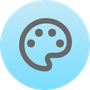 Gray artist's palette icon with five paint circles, centered on a light blue gradient circle.
