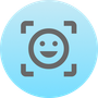 Smiling face within a focus square, on a blue gradient circle.