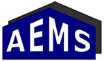 Blue-and-black AEMS logo with white letters inside a house-shaped outline