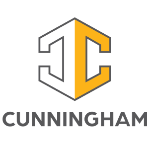 Cunningham logo with gray and gold geometric C monogram above the word CUNNINGHAM
