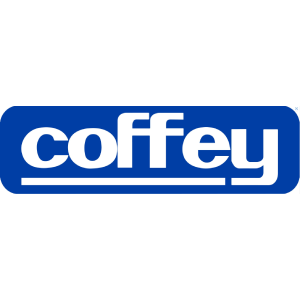 Blue Coffey logo with white lowercase text and an underline on a rounded rectangle background