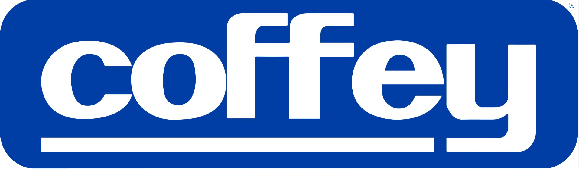 White “coffey” text on a blue rounded rectangle logo with a white underline