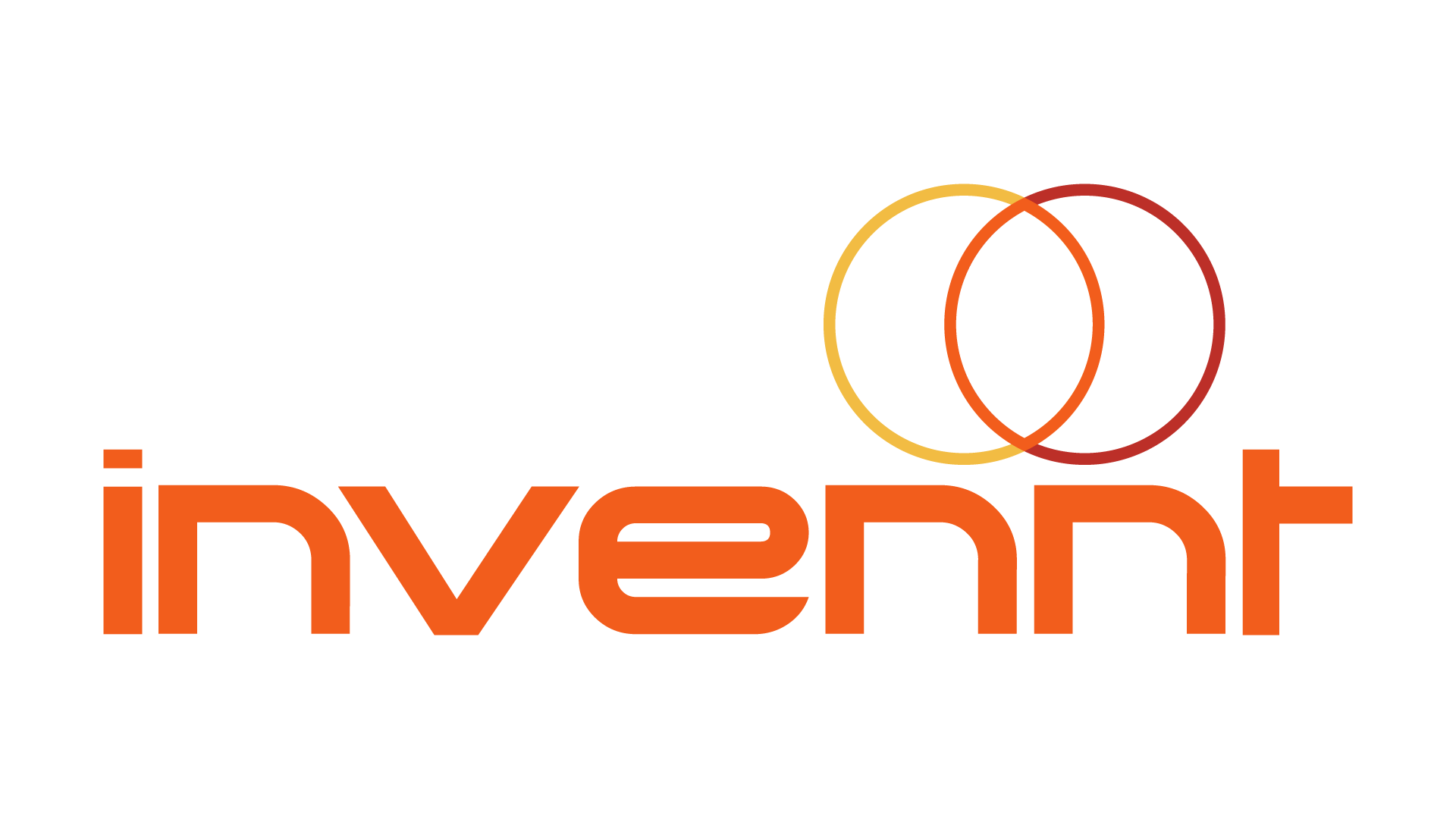 Invent logo with orange lowercase text and two overlapping orange-red circles above it