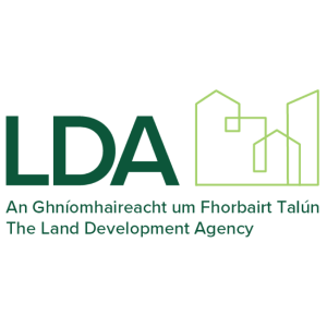 LDA logo with green text and a light green outline of buildings, labeled The Land Development Agency